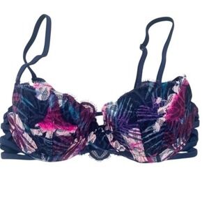 PINK Victoria's Secret Lace Date Push-Up Bra 32B Blue Pink Floral